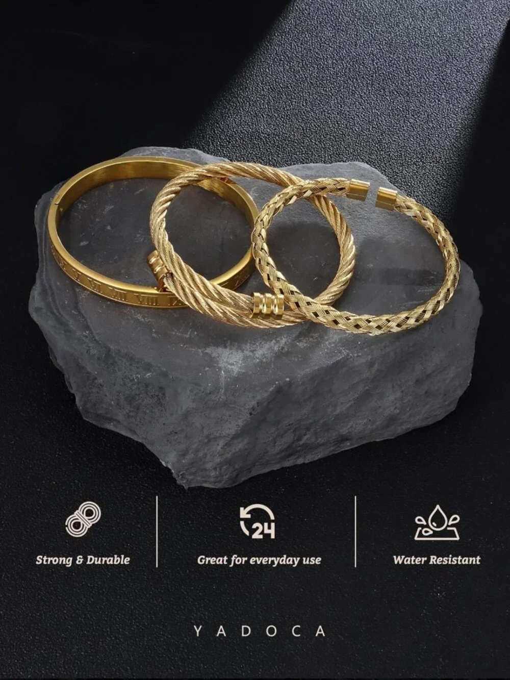 3Pcs Men's Stainless Steel Bracelets - Adjustable Roman Numeral & Twisted Cable